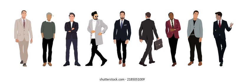 Hombres de negocios en diferentes poses, caminando y de pie, usando trajes formales y un traje informal inteligente, vista frontal, lateral y trasera. Equipo de negocios multirracial. Conjunto de personas aisladas en el fondo blanco.