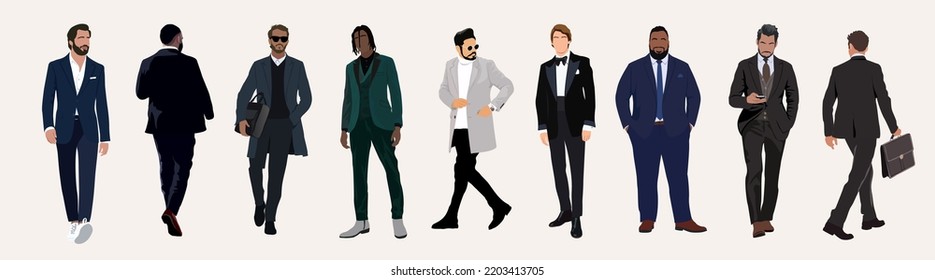 Business men in different poses, walking and standing, wearing formal suits and smart casual outfit, front, side and back view. Multiracial business team. Set of people isolated on white background.