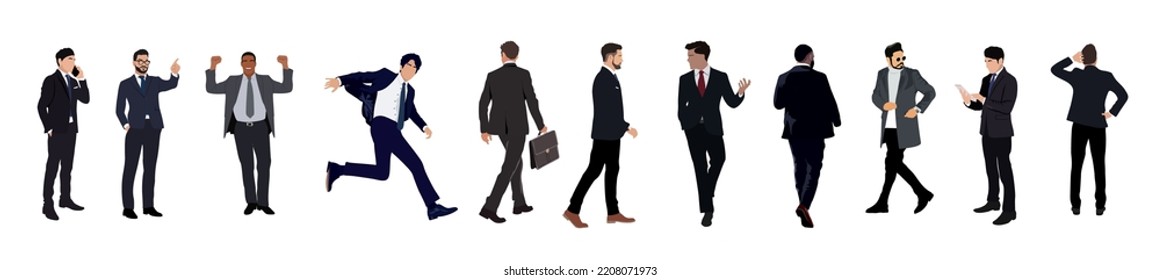 Business men in different poses, walking and standing, wearing formal suits and smart casual outfit, front, side and back view. Multiracial business team. Set of people isolated on white background.