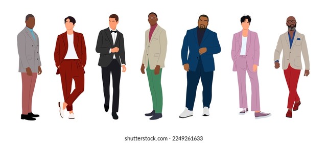 Business men in different poses, walking and standing, wearing formal suit and smart casual outfit, front, side view. Multiracial business team. Set of fashionable people isolated on white background.