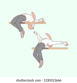 Business men doing high jump over bar. Successful businessmen jumpers overcoming difficult obstacle. Career challenge, success achievement creative concept. Flat thin line vector isolated illustration