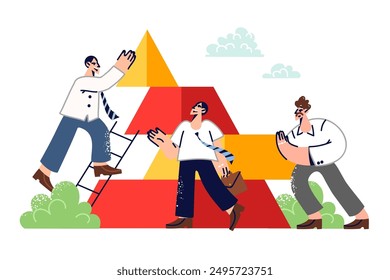 Business men are engaged in team building, placing blocks on top of each other and working together to implement plan. Team building to achieve friendly relations and increase staff productivity