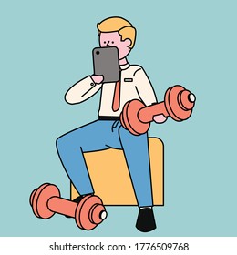 Business men exercise while reading news from tablets.flat design style vector illustration with outline
