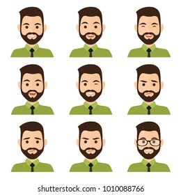 Business Men Flat Avatars Set With Different Facial Expressions. Bussines People's Emotional Faces Icons Collection. Vector Illustration.