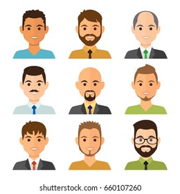 Business men flat avatars set with smiling face. Team icons collection. Vector illustration.
