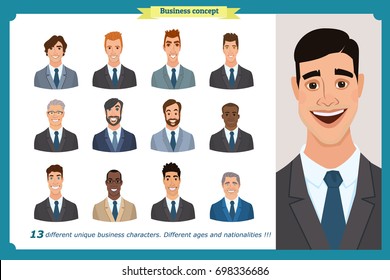 Business men flat avatars set with smiling face. Men in suits.Team icons collection.Isolated vector illustration on white in cartoon.Peoples faces, boy, person.Male characters.businessman.Manager man