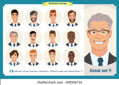Business men flat avatars set with smiling face. Men in suits.Team icons collection.Isolated vector illustration on white in cartoon.Peoples faces, boy, person.Male characters.businessman.Manager man