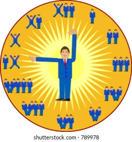 Business men form the numbers and hands of a clock
