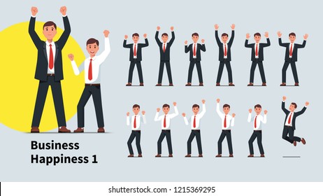 Business men gesture set. Winner gesturing raised hands with clenched pumping fists. Successful business people win. Raised arms businessman celebrating achievement. Flat vector character illustration