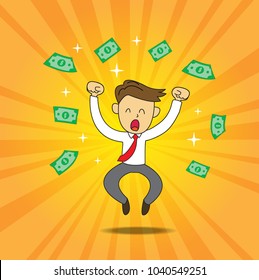 business men getting a lot of money and jumping for joy. Vector, flat, illustration