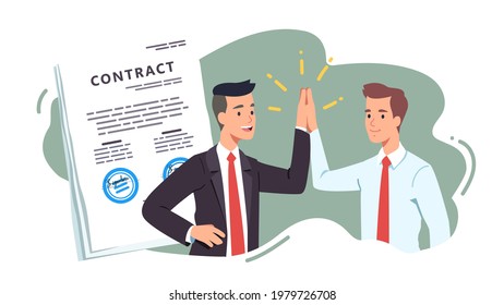 Business men give high five reaching agreement on signed contract document. Businessman partners persons meeting closing deal. Partnership teamwork cooperation success concept flat vector illustration