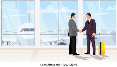 Business men handshake in airport terminal interior. Man in black suit, passenger in departure hall with luggage. White Aircraft, airplane front outside window. Flat banner poster. Vector illustration