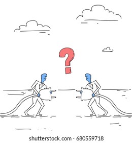 Business Men Holding Electrical Plug Teamwork Businesspeople Connection Concept Doodle Vector Illustration