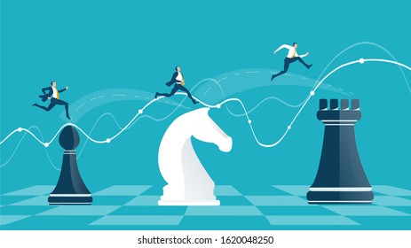 Business men hopping from one chess figure to an other. Compete, challenge, winning and professional growth idea.  Business concept illustration. 