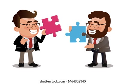 Business men joining together large jigsaw puzzle pieces