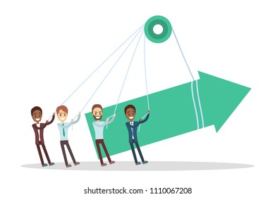 Business men lifting up big arrow on white background.