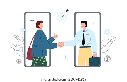 Business Men Make Financial Investments And Shake Hands, Flat Vector Illustration On White Background. Concept Of Online Deal Making And Agreements. Abstract People In Mobile Phone.