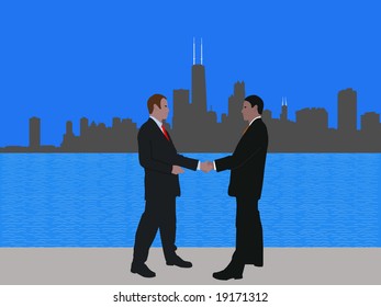 hombres de negocios se reúnen con handshake y Chicago skyline