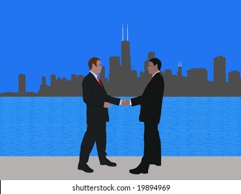 business men meeting with handshake and Chicago skyline