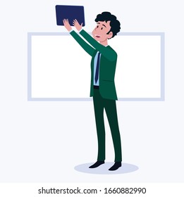Business men Office cartoon characters. Standing persons. Business People at morning meeting. Illustration vector of discussion and talk, Board background.