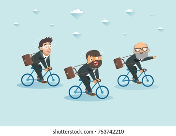 Business men on bicycles. Work competition concept. Teamwork. Old businessman shows the way for young colleagues. Ageism. Vector colorful illustration. 