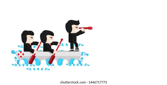 Business men paddle on the boat while leader is looking through monocular, Flat design character, illustration element, Business team concept
