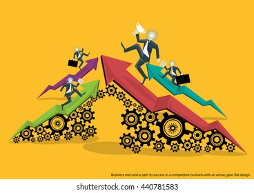 Business men and a path to success in a competitive business with an arrow, gear, flat design.