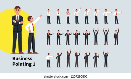 Business men pointing index finger in different directions set. Front and back views of gesturing businessman person. Businessman standing, pointing aside, up with one and both hands. Flat vector illu