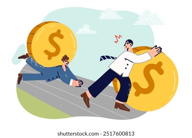 Business men are running away from inflation, trying to escape recession in form of giant coins. Problem of inflation for bank employees who need help to avoid debt crisis and financial depression