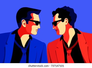 Business men, secret agents, spies or security guards, face to face. Vector illustration Two men wearing suits, ties and sunglasses. Vector illustration