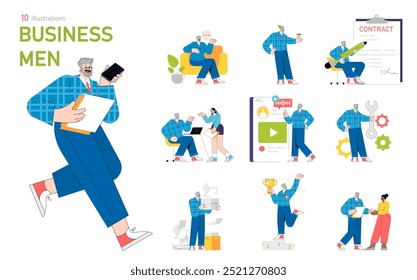 Business Men set. Corporate lifestyle and work activities illustrated. Professionals in different situations, teamwork, success celebration. Vector illustration.