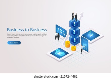 Business men shaking hands Block B2B Business-to-Business, Technology, Marketing, Internet and Networking. Business news analytics, landing page. Isometric vector illustration