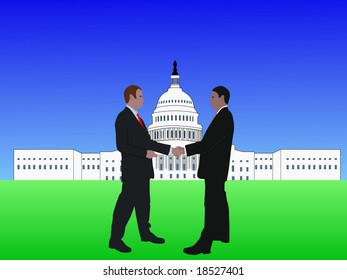 business men shaking hands with Capitol Building