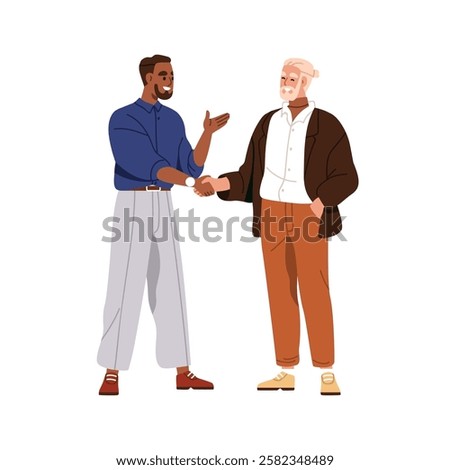 Business men shaking hands. Handshake, greeting gesture between senior old and young colleagues, office workers. Happy professionals meeting . Flat vector illustration isolated on white background