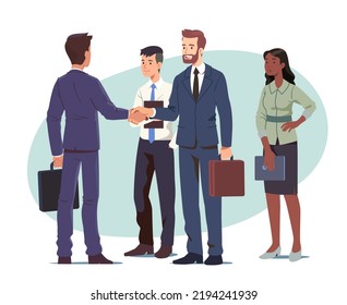 Business men shaking hands reaching agreement. Successful businesspeople partners closing deal standing with colleagues team. Partnership success, cooperation, handshake flat vector illustration