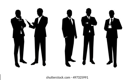 Business men silhouettes set in various poses. Flat vector illustrations. Group of business people. Lawyer, teacher, sales manager, boss, politician, broker