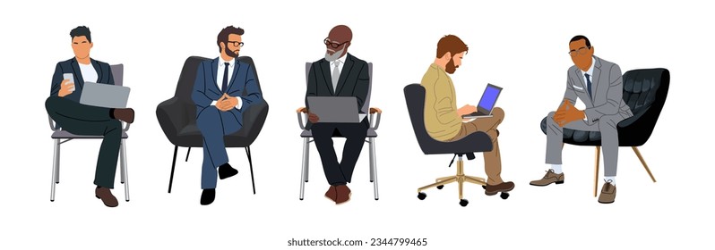 Hombres de negocios sentados, participando en reuniones, evento de negocios. Conjunto de diferentes personajes masculinos en un conjunto formal e informal inteligente con portátil, teléfono. Ilustraciones vectoriales realistas aisladas en blanco