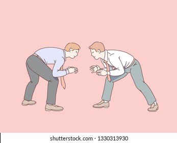 Business men standing in combat stance and preparing for freestyle wrestling. Business competitors going to fight. Business competition, disagreement and conflict concept. Flat vector illustration