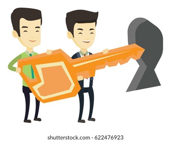 Business men standing in front of keyhole with key. Business team holding the key to success. Two business men carrying huge golden key. Vector flat design illustration isolated on white background.