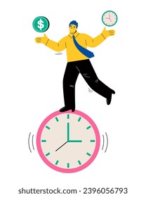 Business men standing on clock. Finding balance on metaphoric scales of money and time. Flat vector illustration isolated on white background 

