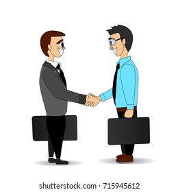 Business men in suit and shirt with portfolios in hand. Handshake