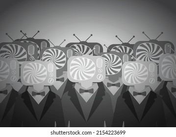 Business Men Suits With Speech Bubble And Tv Silhouette Instead Head. Television Propaganda And Hypnosis Lines Inside