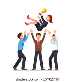 Business men team tossing in air woman winner holding golden cup trophy first prize. Business people group celebrating victory achievement throwing colleague woman up in air. Flat vector illustration