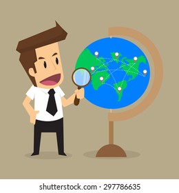 Business men use a magnifying glass, find new investment all over the world. vector