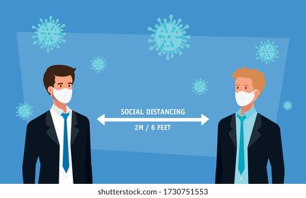 business men using face mask and social distancing for covid19 vector illustration design
