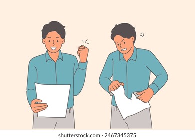 Business men who have received contract experience different emotions after reading job offer document. Happy office employee stands near angry colleague tearing up paper contract.