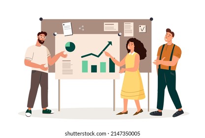 Business Men and Woman Characters Discussing new Presentation.Office workers analyse graph growing Progress.Business Team Colleagues Leaders during Negotiation in Office.Cartoon Vector Illustration