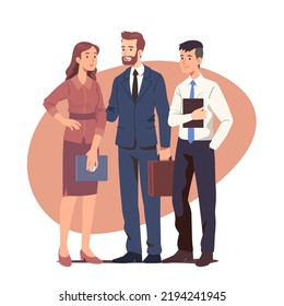 Hombres de negocios, mujeres colegas se reúnen, discuten ideas. Personajes sonrientes y exitosos de parejas de pie, hablando. Asociación, trabajo en equipo, ocupación de empleo, ilustración vectorial plana