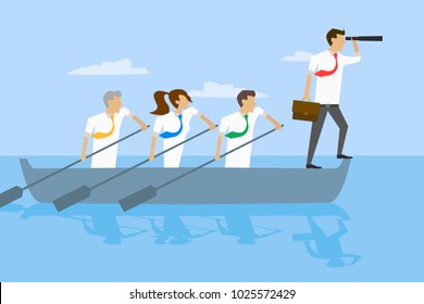 Business men and woman rowing in boat in the water, the leader is looking through binoculars, spyglass. Define the mission, the strategy of the company, business team concept. Eps vector illustration