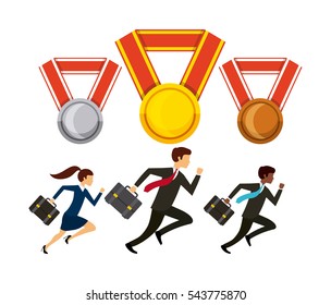 Business Men And Woman Running Icon And Medals Over White Background. Competitive Business Concept. Colorful Design. Vector Illustration